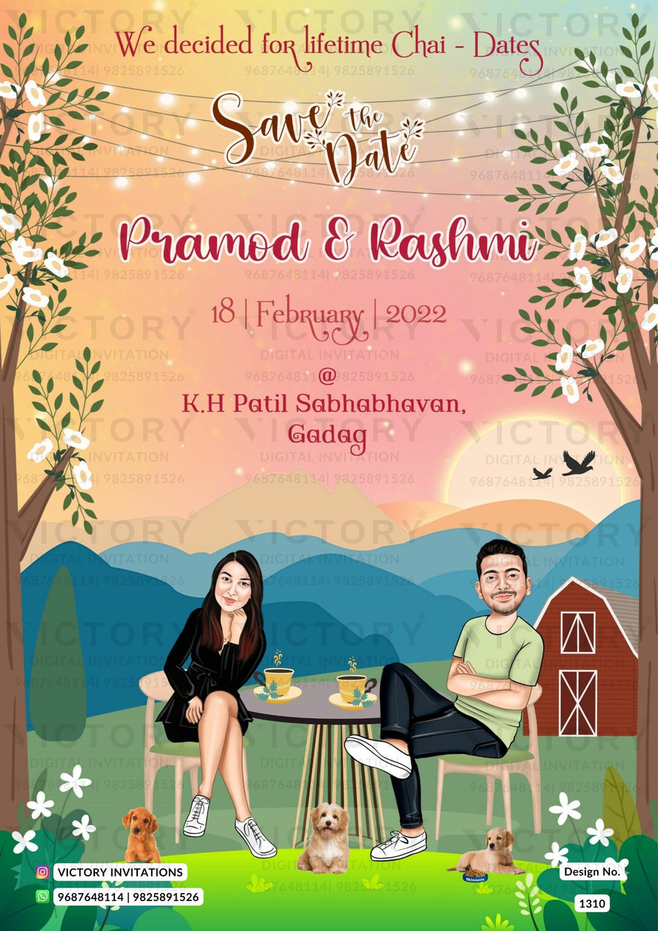 Stylish couple caricature invitation card for Save the Date in English language with mountain, flower, tree as mountain theme design 1310