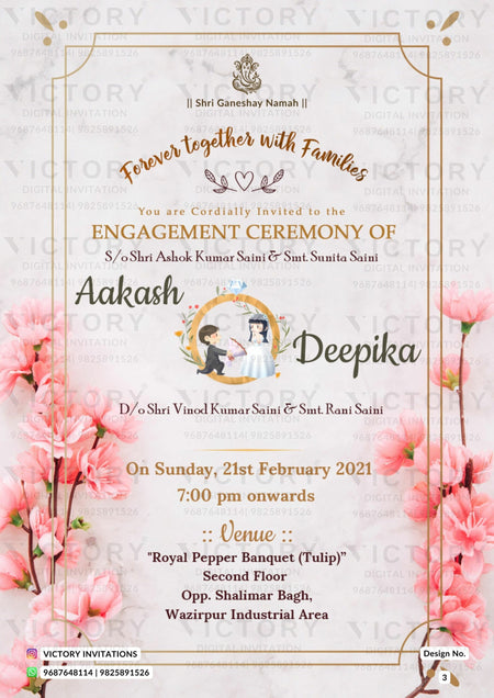 Engagement ceremony invitation card in english language with frame as flowers theme design 3