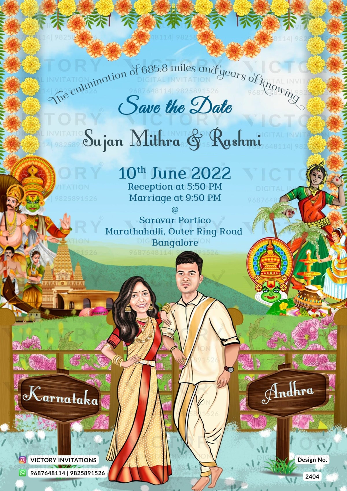 Two states couple caricature digital invitation card for wedding ceremony of hindu south indian Kannada family in english language with South traditional theme design 2404