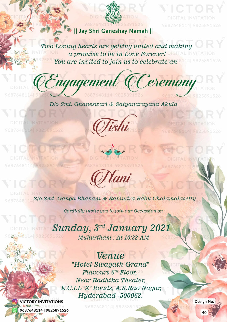 Engagement ceremony invitation card in english language with flowers, leaves as couple photo theme design 40