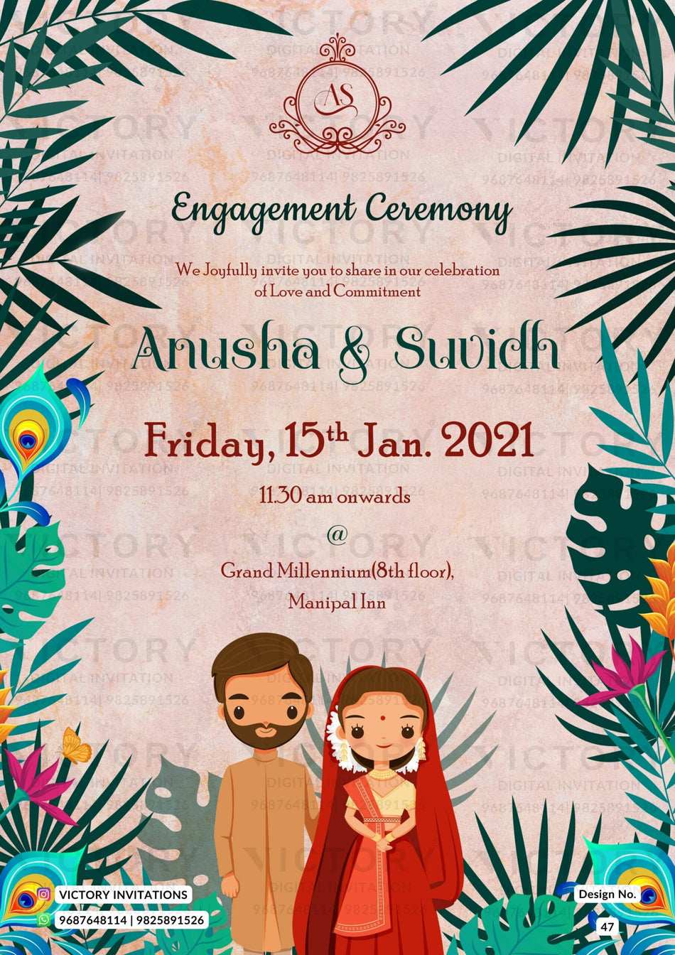 Engagement ceremony invitation card in english language with Peacock Feather as green leaves theme design 47