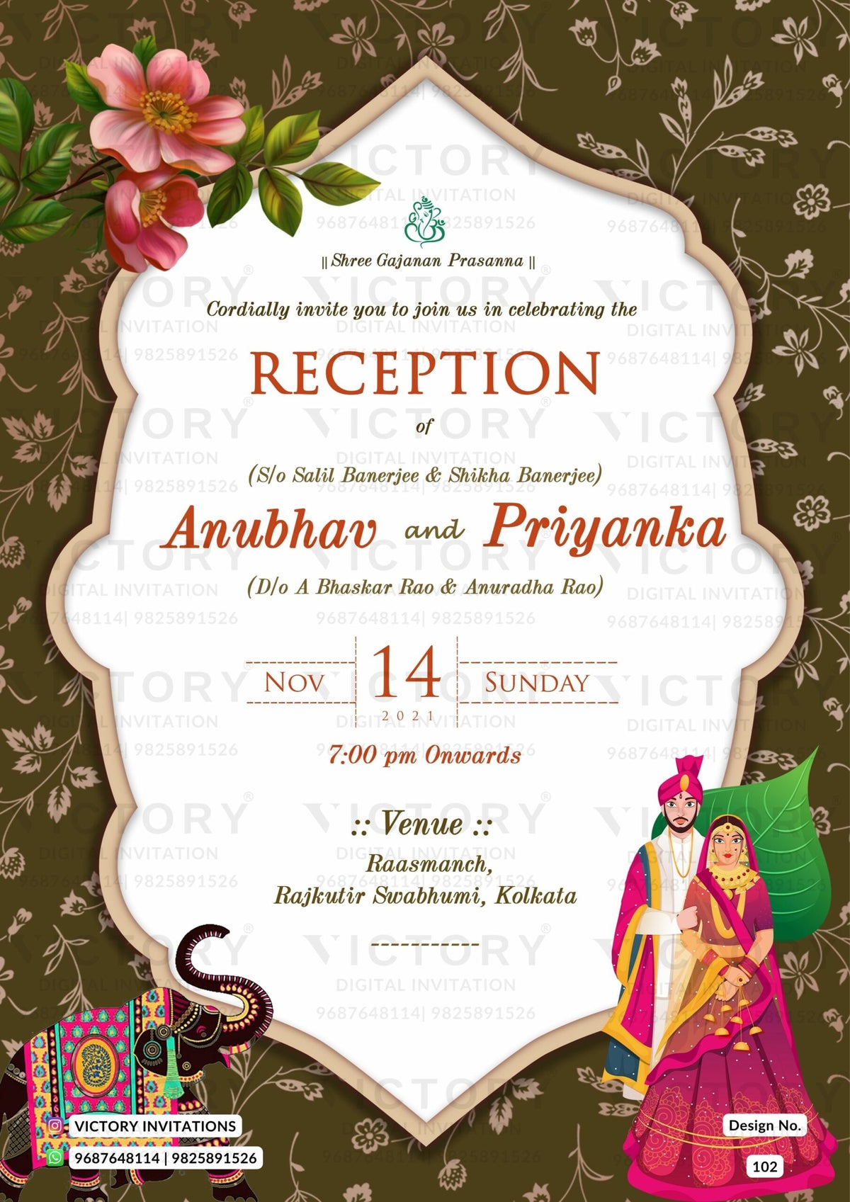 Reception Party invitation card in english language with elephant, couple doodle as traditional theme design 102