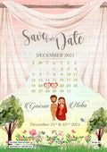 Save the Date card in english language with couple doodle as garden theme design 114