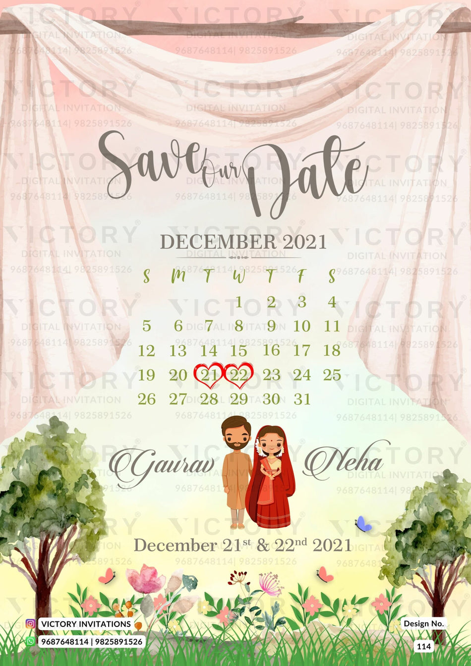 Save the Date card in english language with couple doodle as garden theme design 114