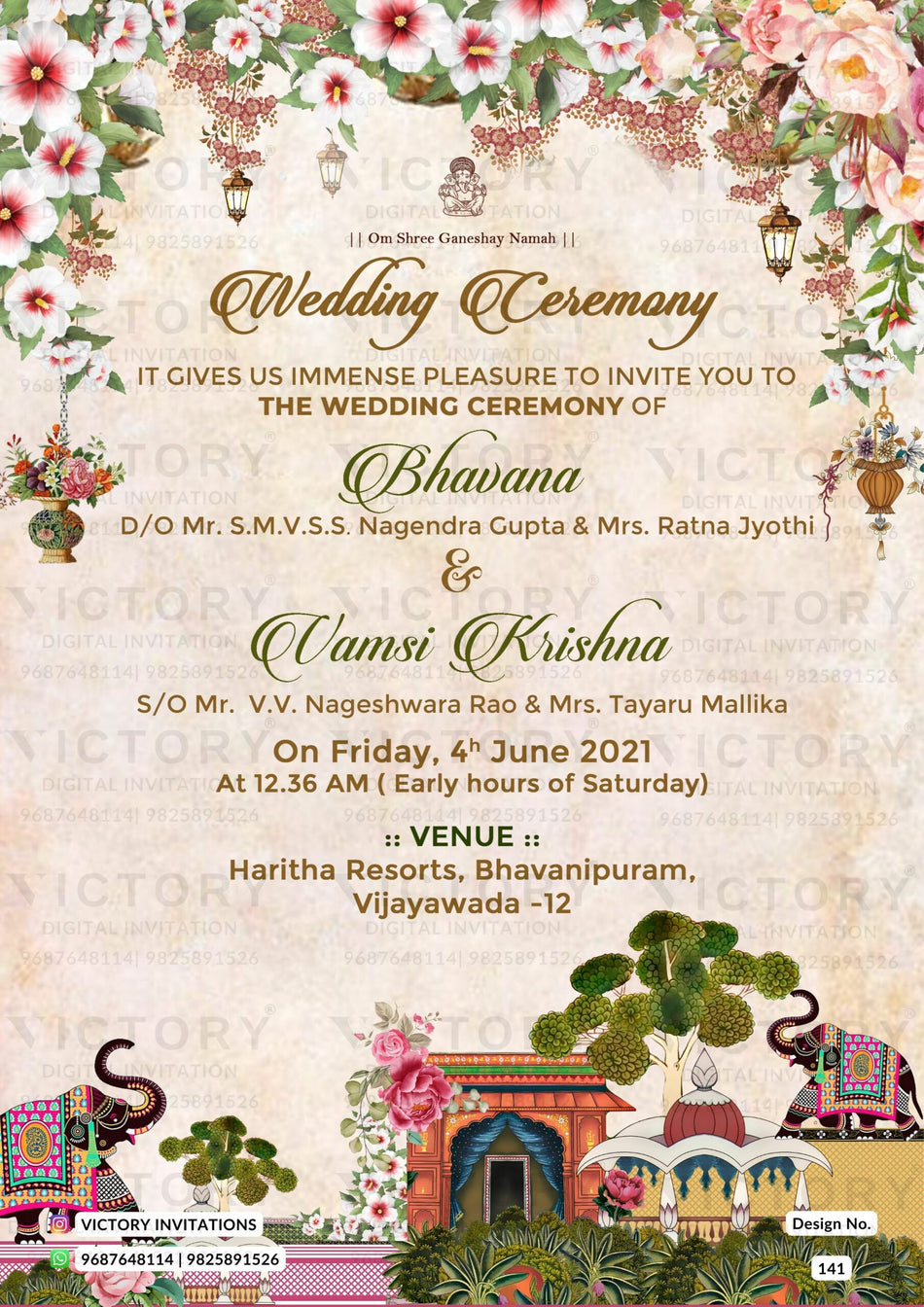 Wedding ceremony invitation card of hindu south indian telugu family in english language with floral theme design 141