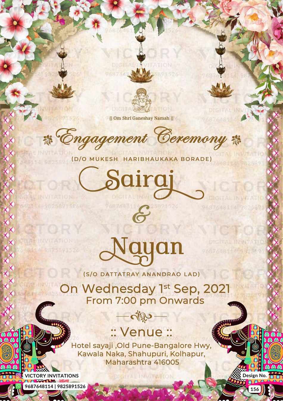 Engagement ceremony invitation card in english language with elephant, flowers as vintage theme design 156