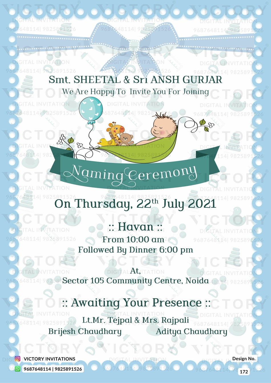 Baby Naming ceremony invitation card in english language with toy, baby doodle, balloon as playful theme design 172