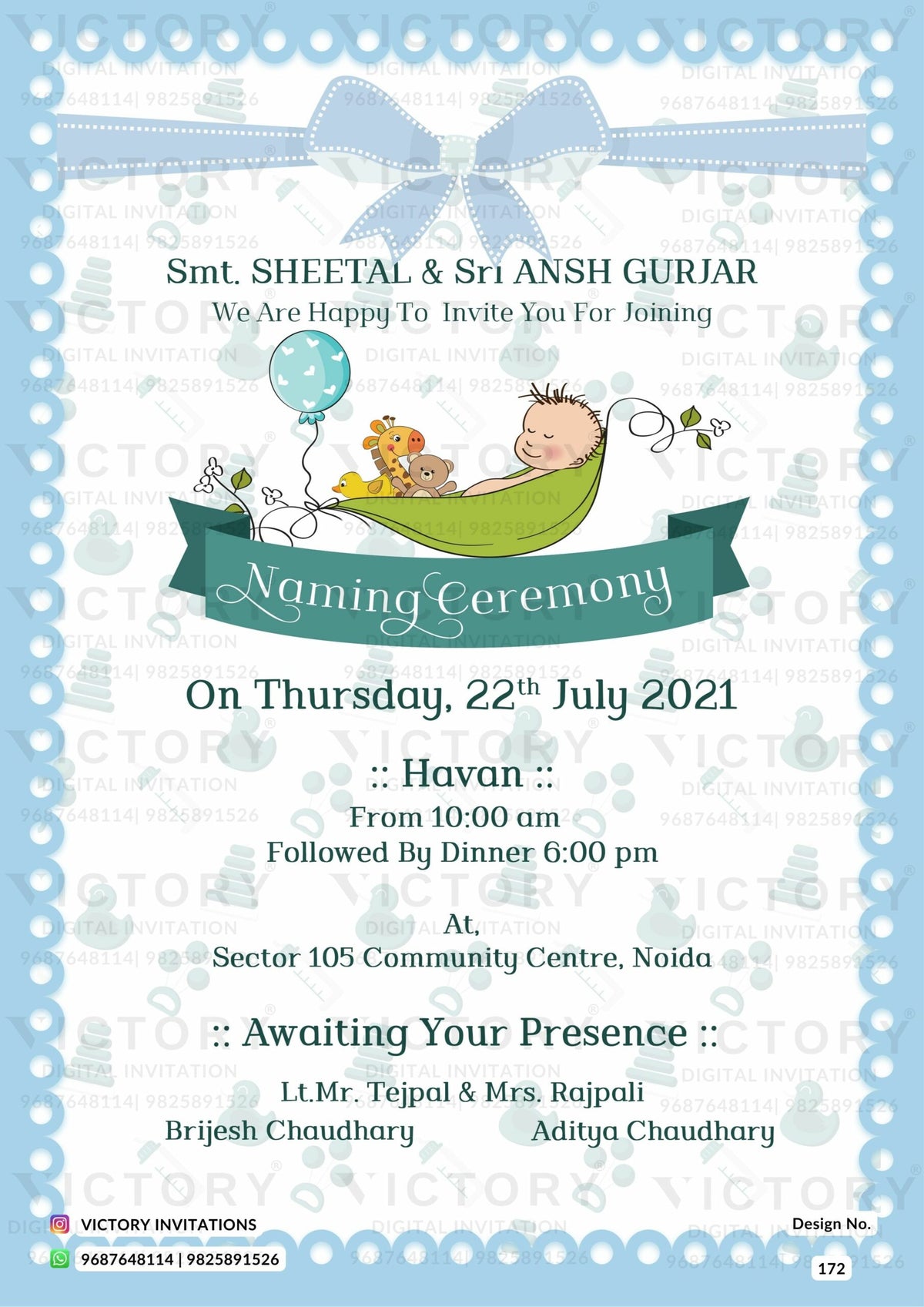 Baby Naming ceremony invitation card in english language with toy, baby doodle, balloon as playful theme design 172