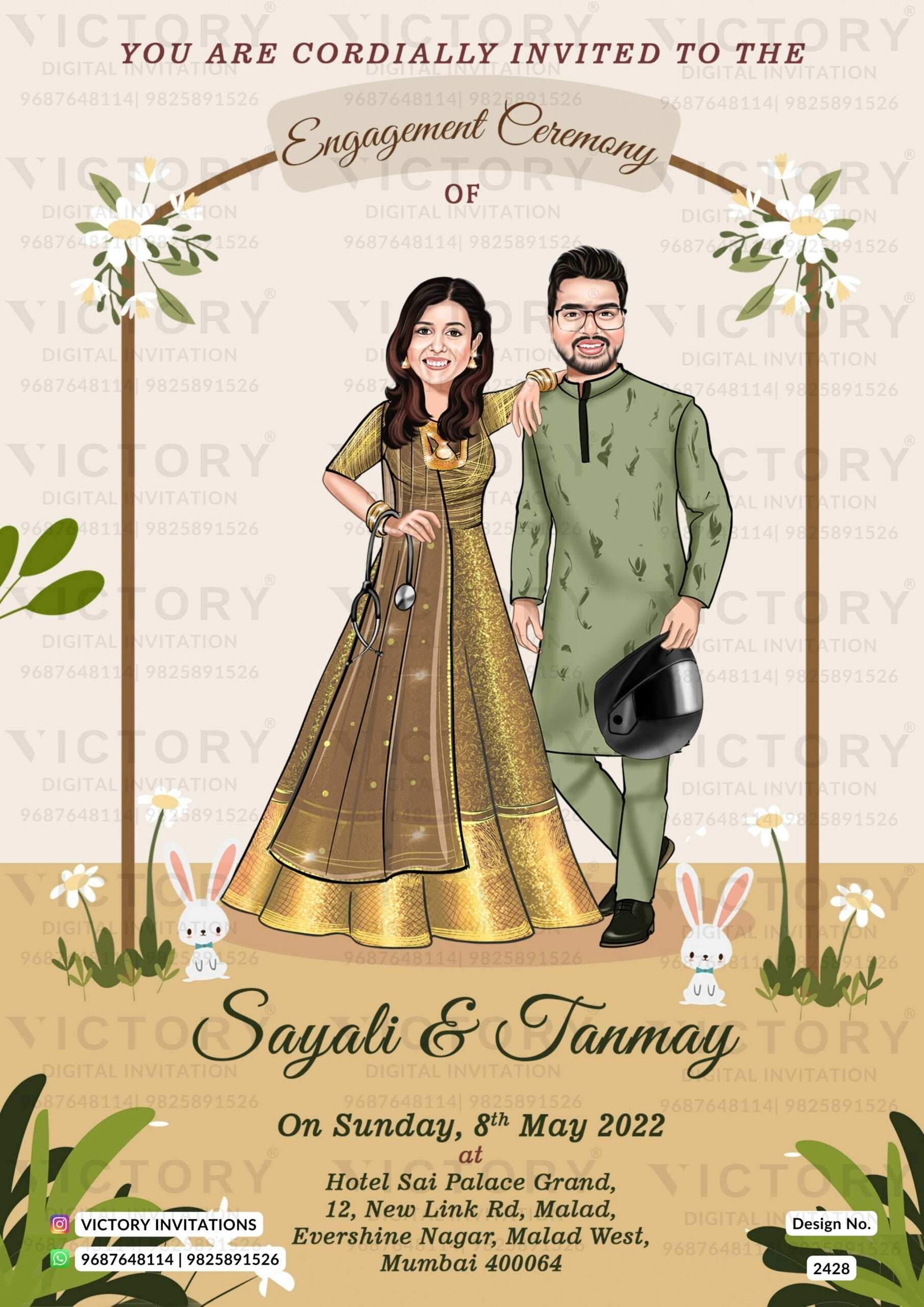 Adorable couple caricature invitation card for Engagement ceremony in Englsih language with flowers, rabbit as floral theme design 2428