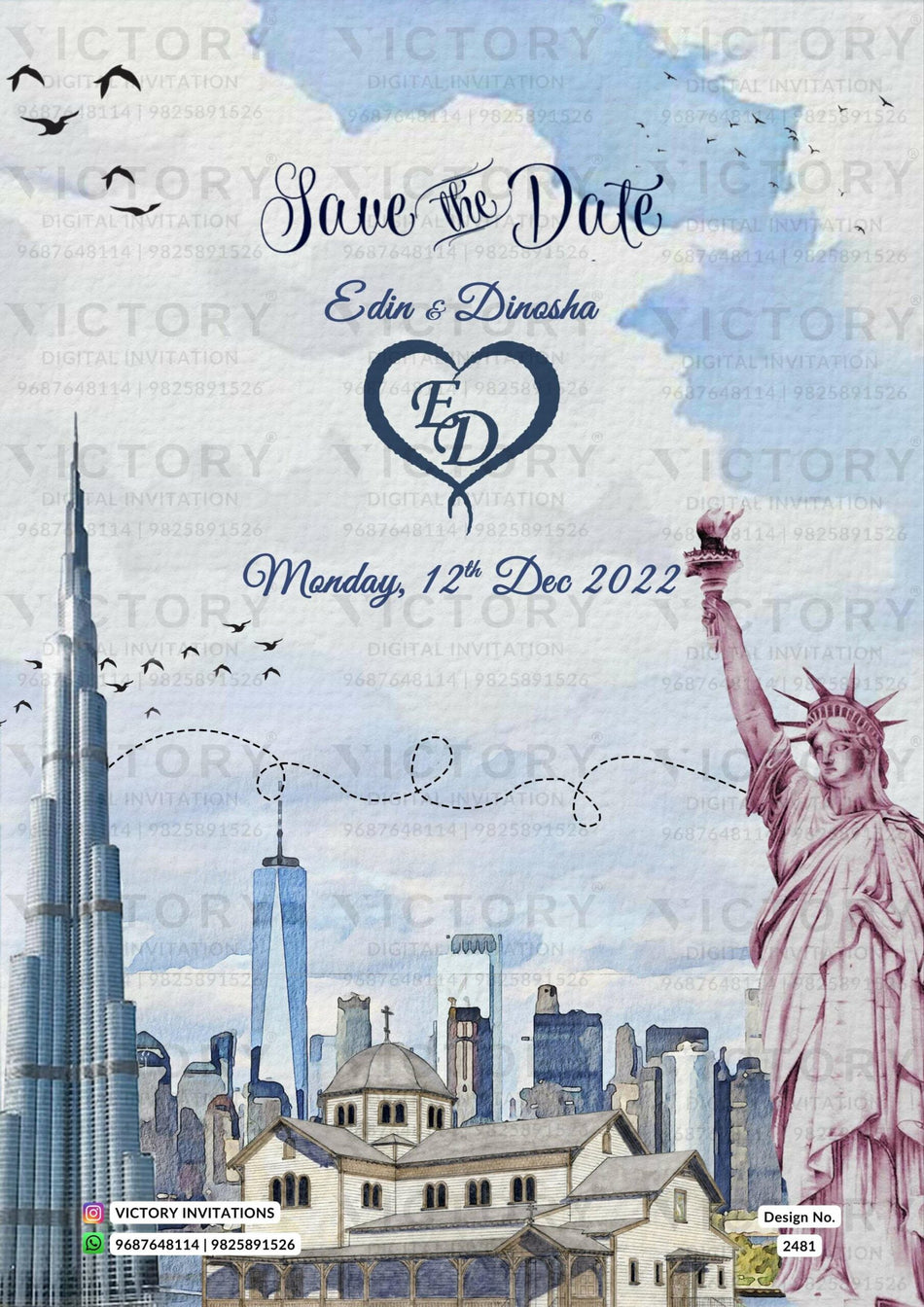Save the Date card in english language with two countries theme design 2481