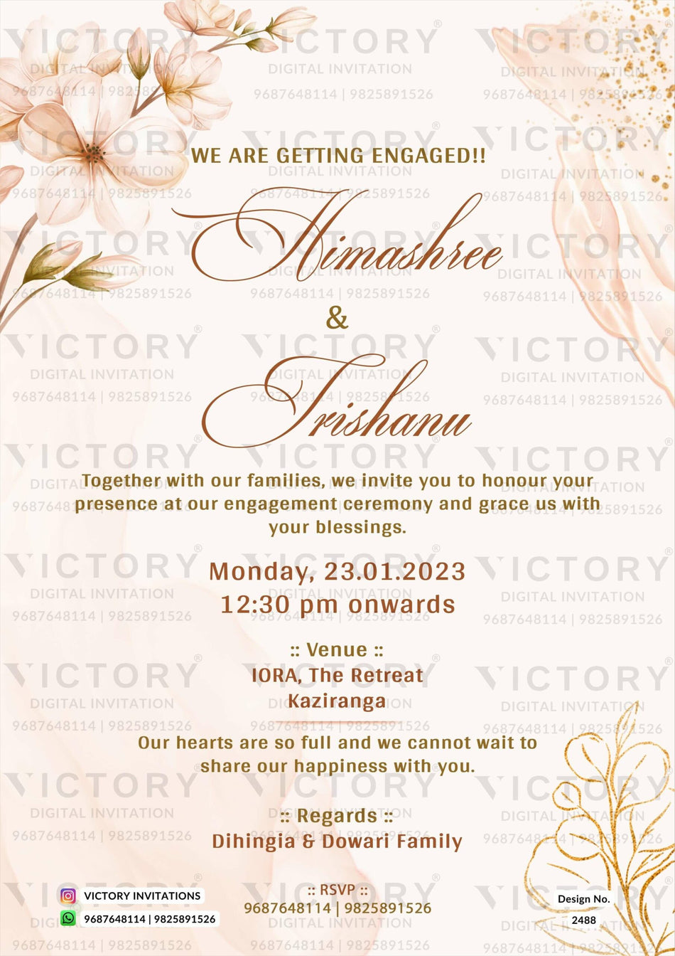 Engagement ceremony invitation card in english language with sparkle as floral theme design 2488