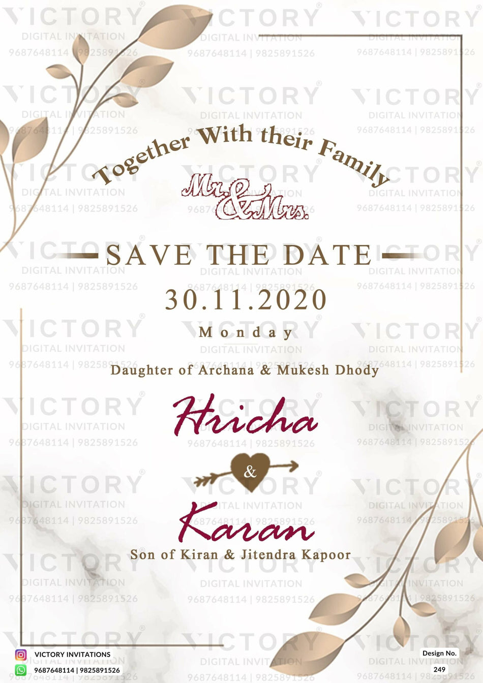 Save the Date card in english language with leaves as floral theme design 249