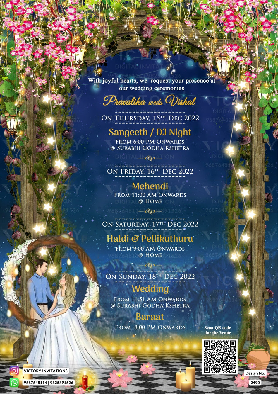 Wedding ceremony invitation card of hindu south indian telugu family in english language with shining mountain theme design 2490