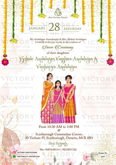 A Beautiful Saree Ceremony Invitation with Delicate Floral Motifs, Gold Outlined Poppy Accents, and Classic Caricature Illustration for a Hindu-Indian Celebration. Design no. 2497