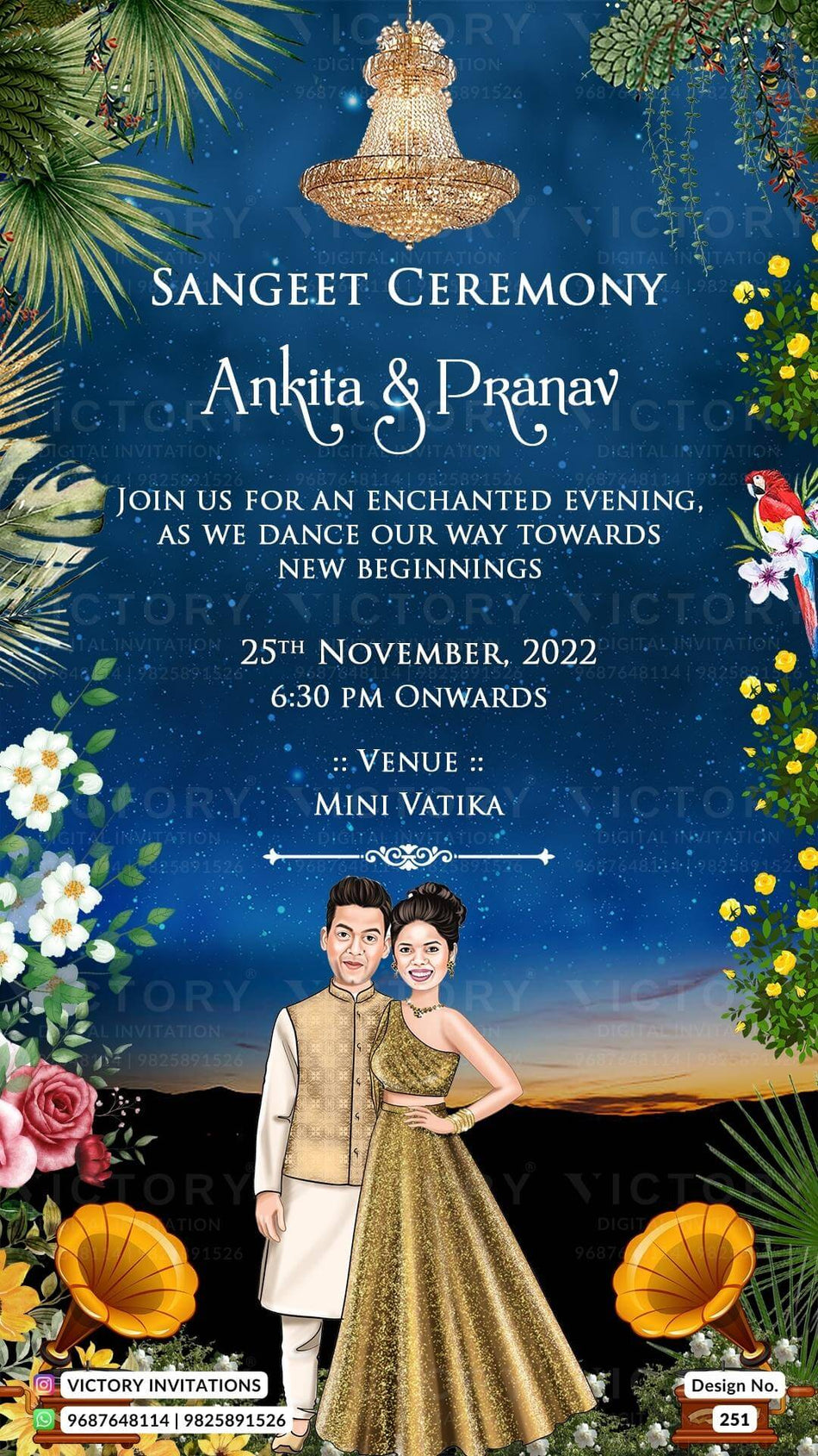 romantic couple caricature invitation card for Sangeet Sandhya in English language with boho leaves as night view theme design 251