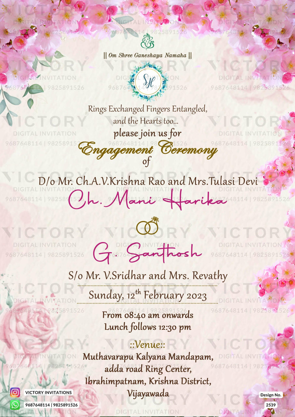 Engagement ceremony invitation card in english language with leaves, ring as floral theme design 2539
