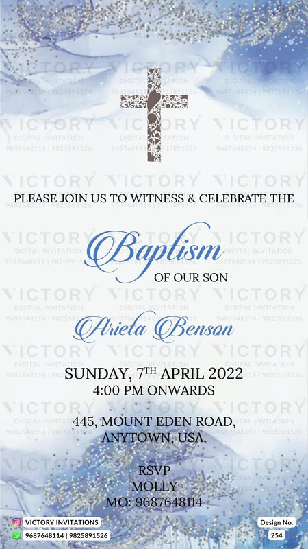 Baptism ceremony invitation card in english language with christian cross symbol as glittery theme design 254