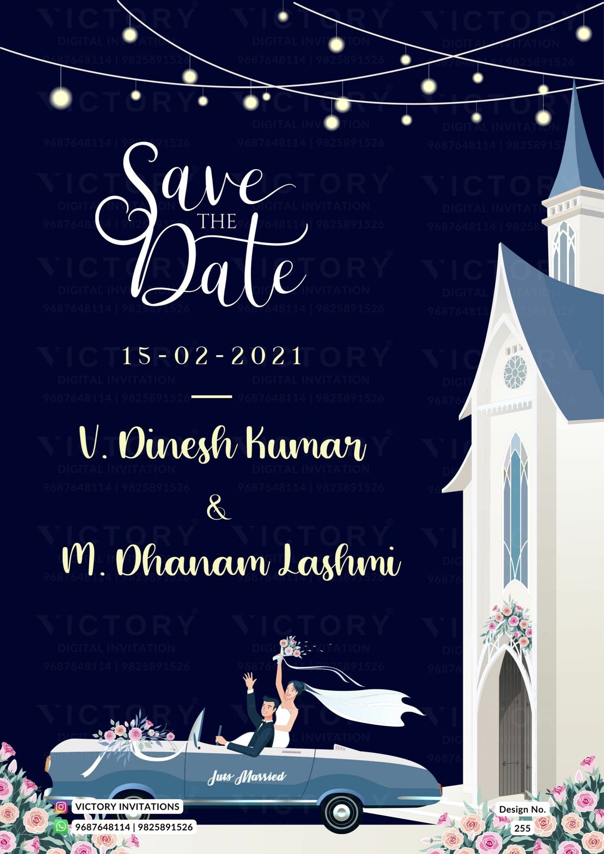 Save the Date card in english language with night theme design 255