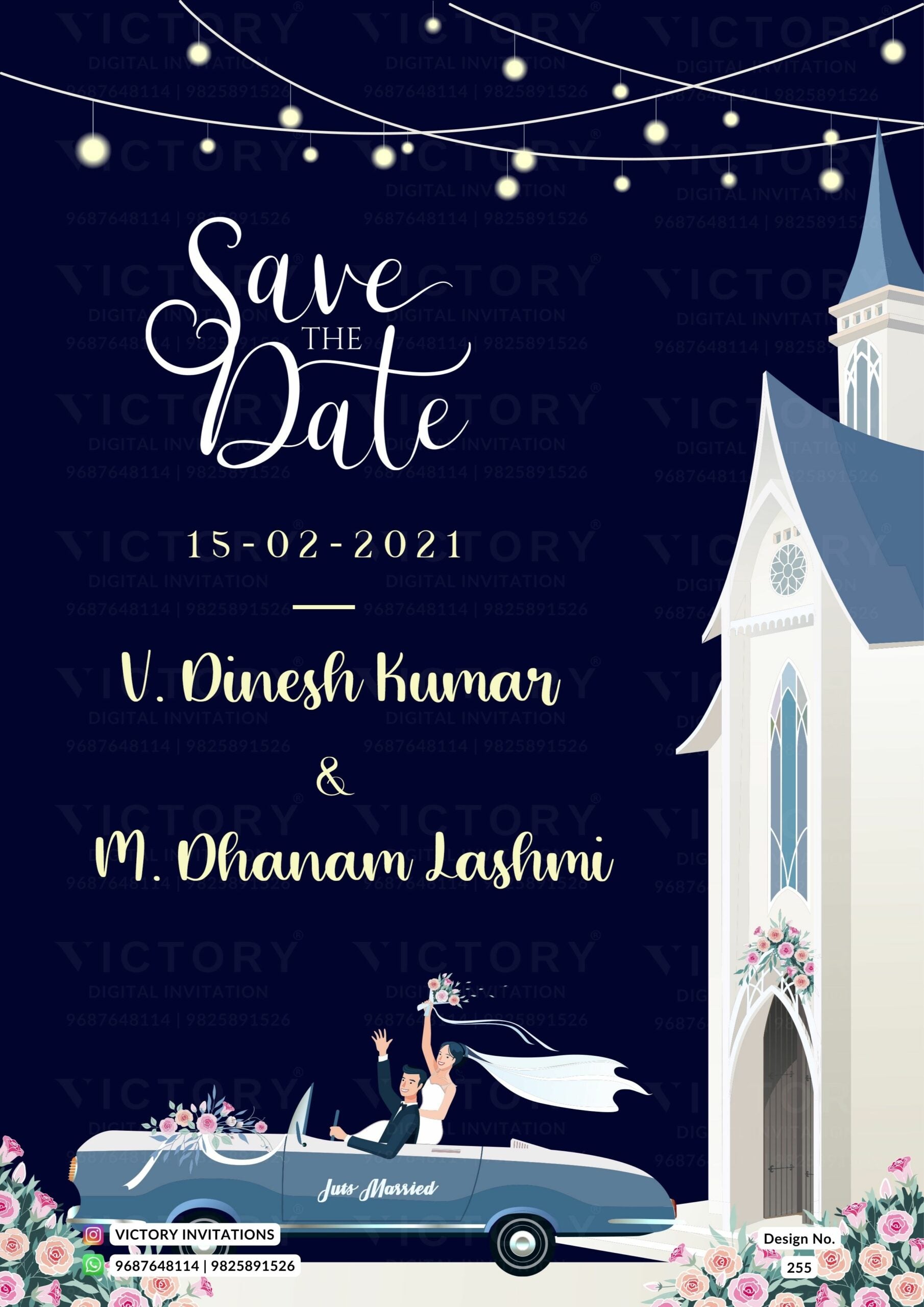 Save the Date card in english language with night theme design 255
