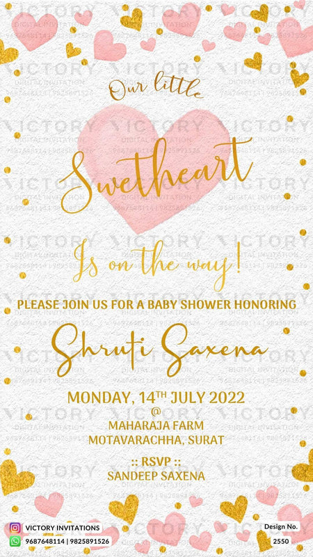 Baby Shower ceremony invitation card in english language with heart as romantic theme design 2550