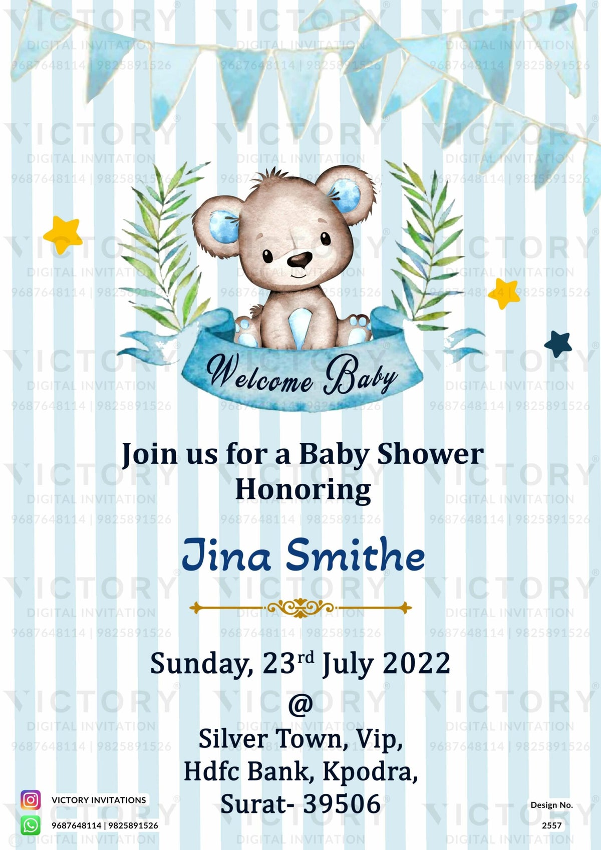 Baby Shower ceremony invitation card in english language with teddy, leaves, star as minimalistic theme design 2557