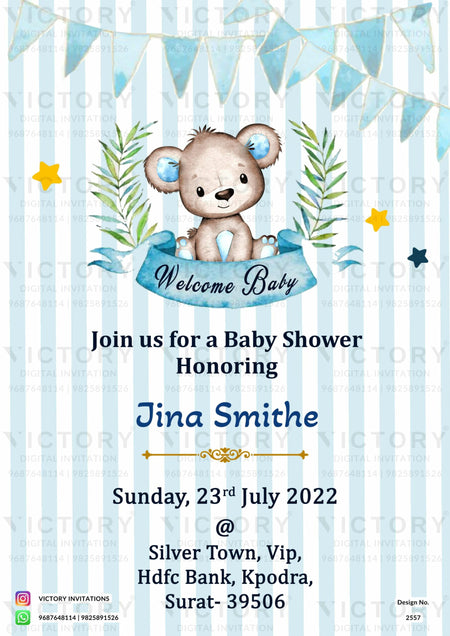 Baby Shower ceremony invitation card in english language with teddy, leaves, star as minimalistic theme design 2557