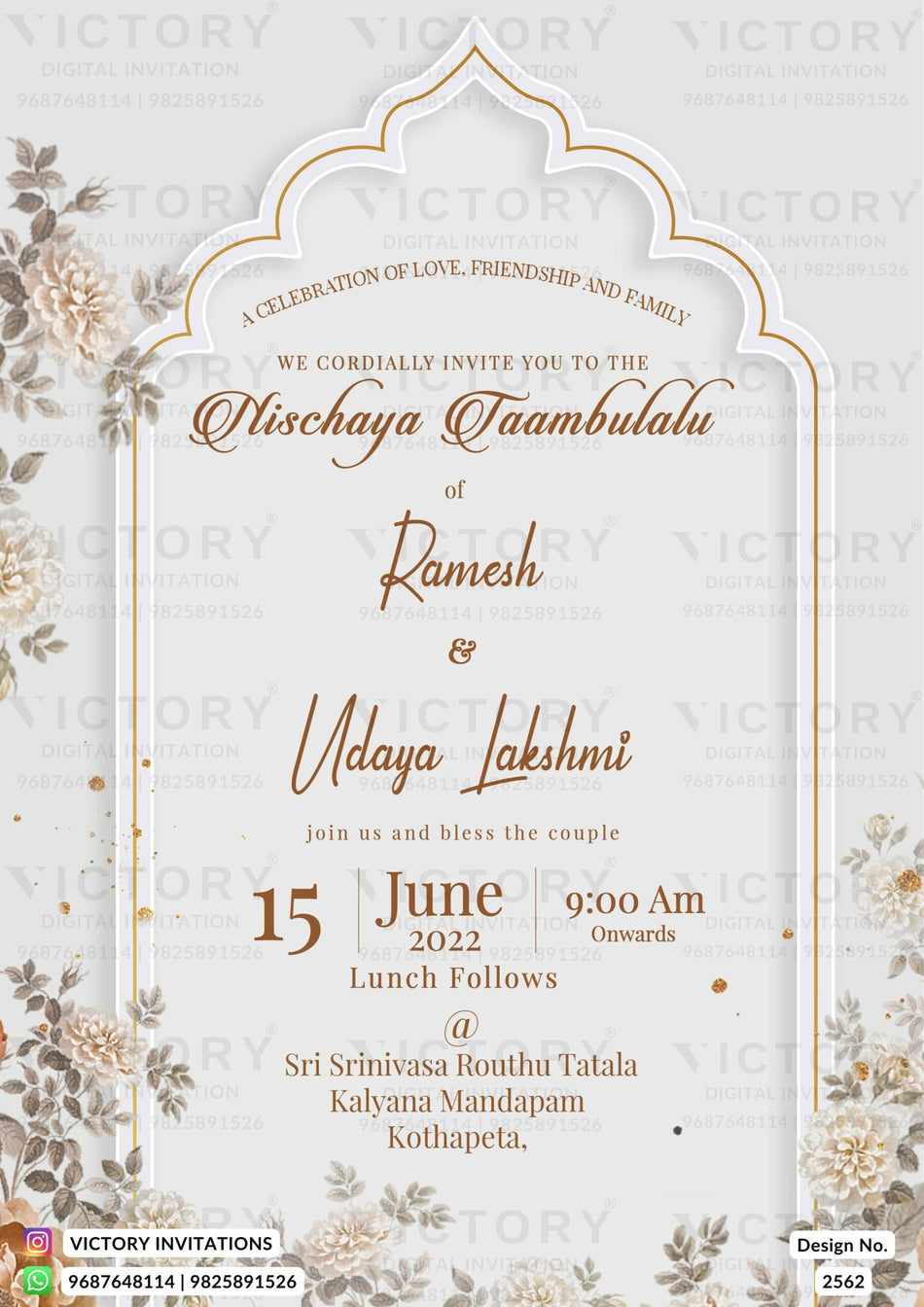 Nichayathartham Engagement invitation card in English language with flowers as arch frame theme design 2562