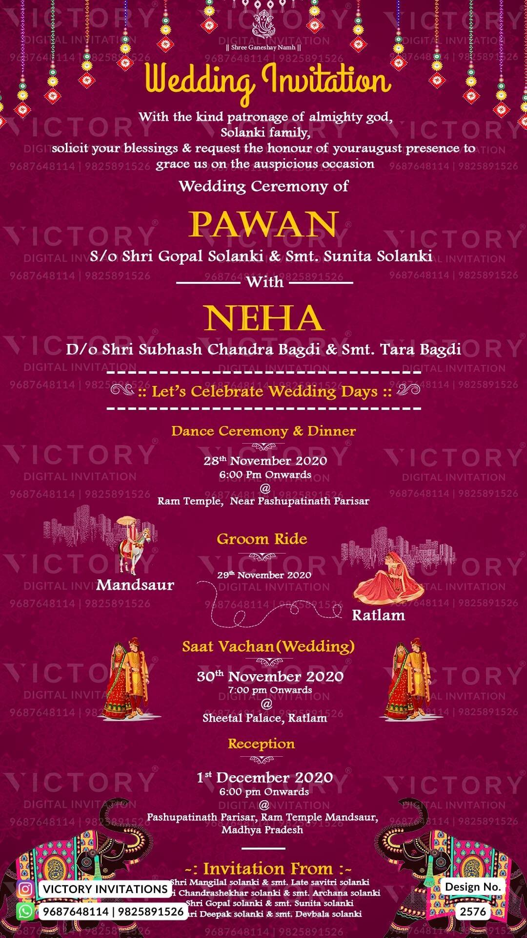 Wedding ceremony invitation card of hindu north indian family in english language with traditional theme design 2576