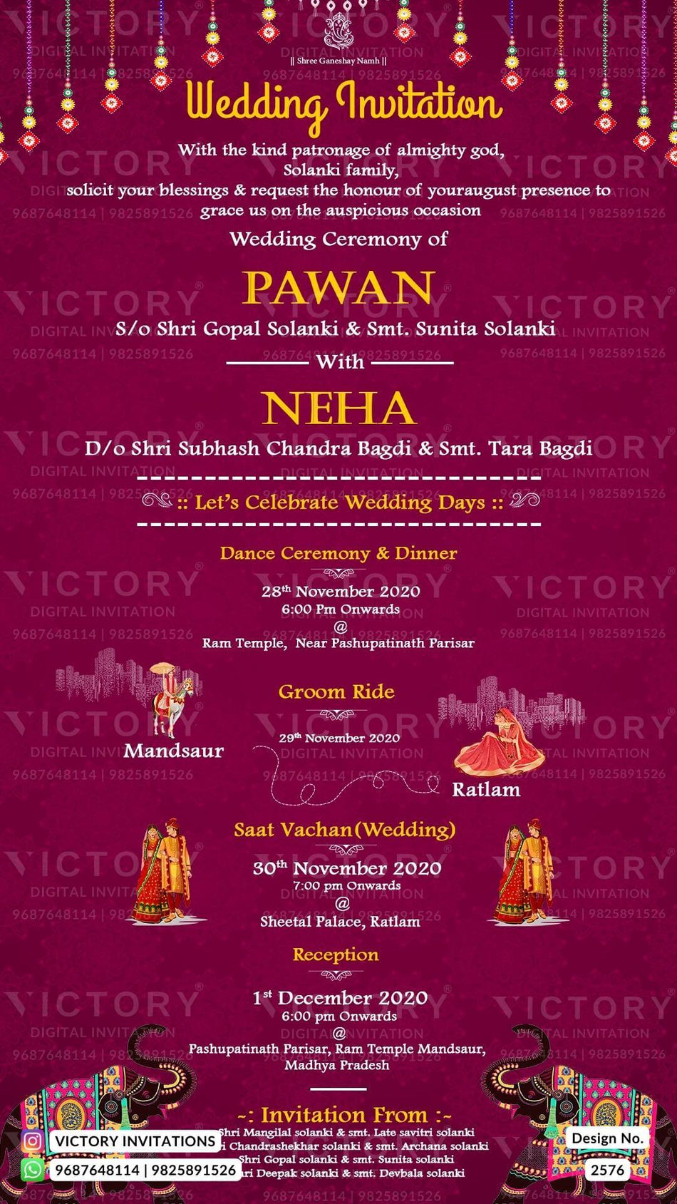 Wedding ceremony invitation card of hindu north indian family in english language with traditional theme design 2576