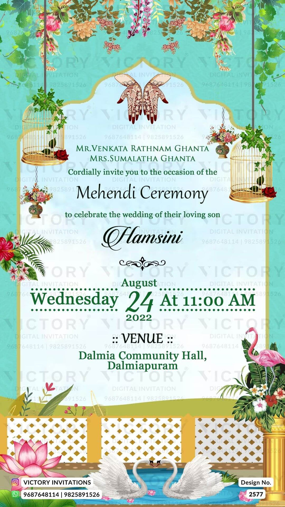 Mehendi ceremony invitation card in english language with flower, fence, duck, lotus as garden theme design 2577