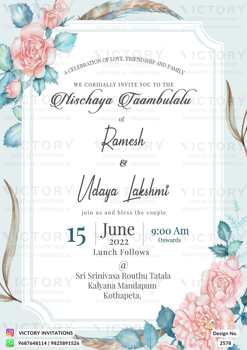 Nichayathartham Engagement invitation card in English language with flowers, frame as floral theme design 2578