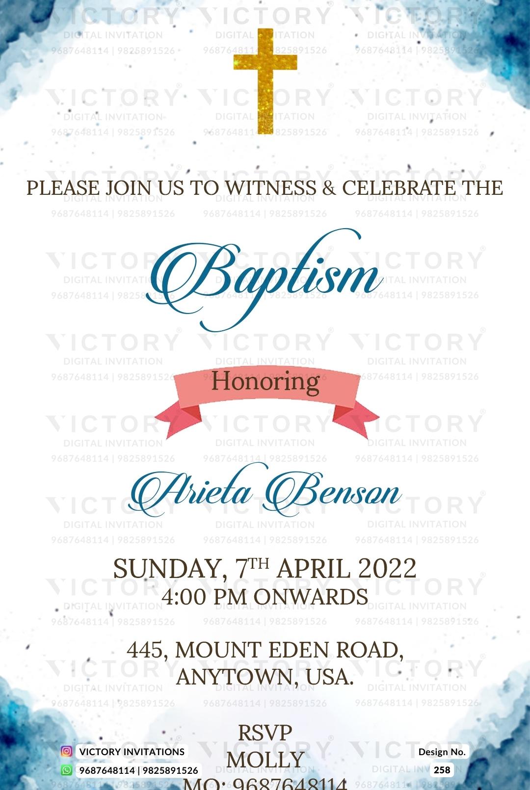 Baptism ceremony invitation card in english language with christian cross symbol as minimalistic theme design 258