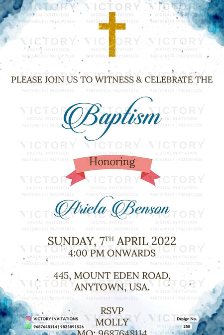 Baptism ceremony invitation card in english language with christian cross symbol as minimalistic theme design 258