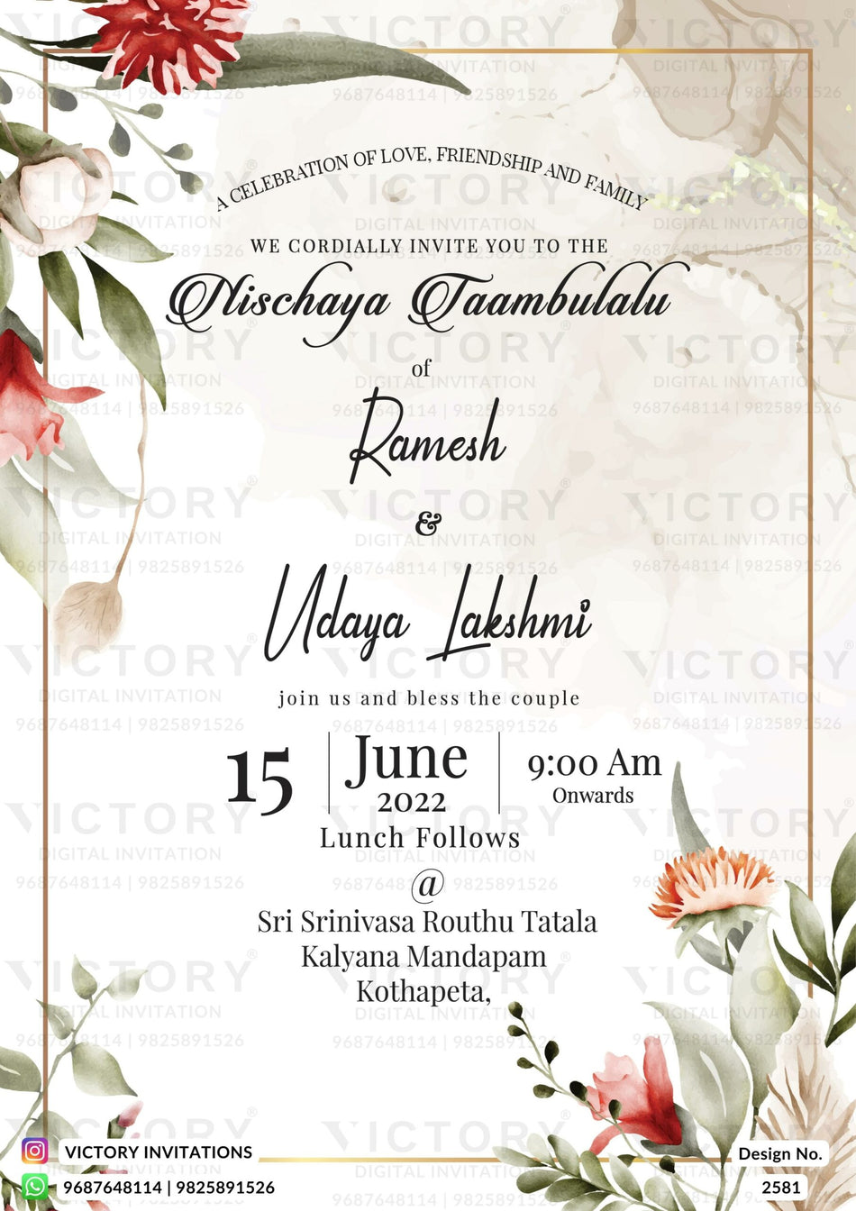 Nichayathartham Engagement invitation card in English language with flowers, leaves as floral theme design 2581