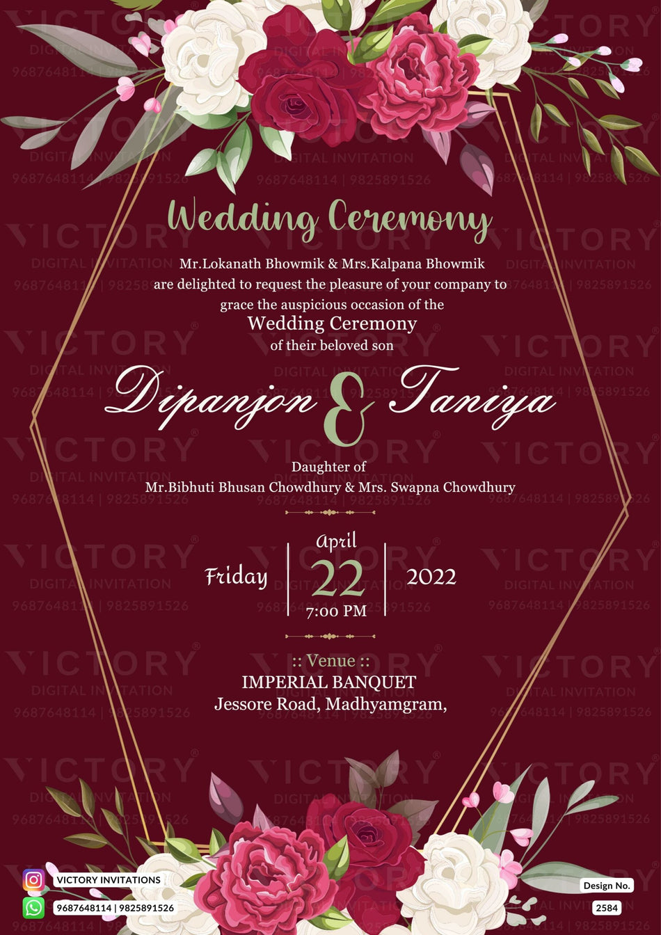 Wedding ceremony invitation card of hindu west bengal bengali family in english language with minimalistic theme design 2584