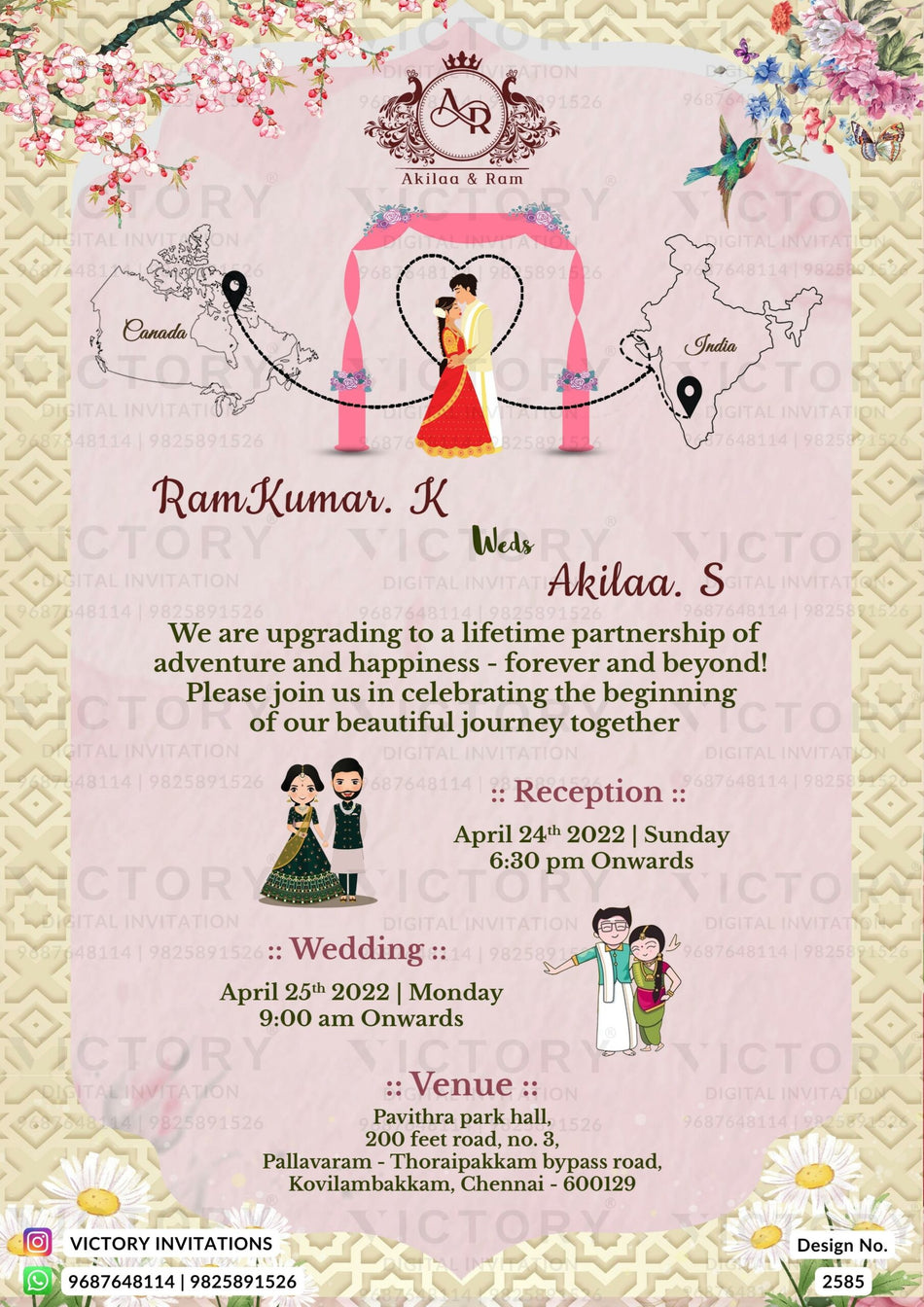 Wedding ceremony invitation card of hindu south indian tamil family in english language with two countries theme design 2585