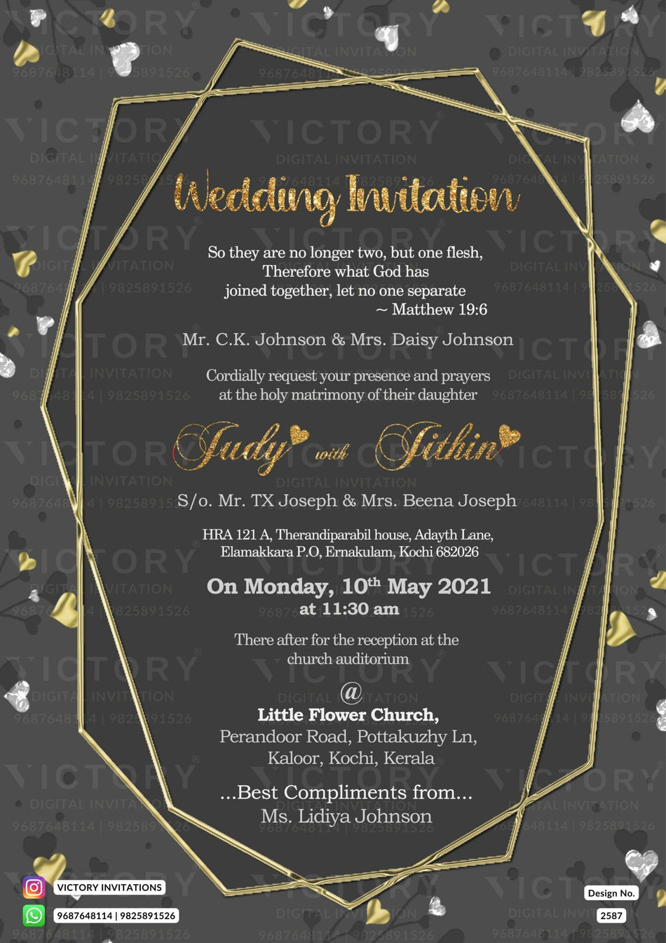 Wedding ceremony invitation card of hindu south indian malayali family in english language with glittery theme design 2587