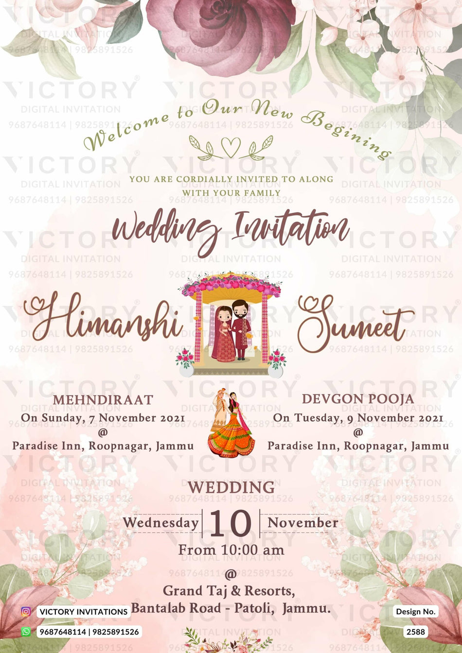 Wedding ceremony invitation card of hindu punjabi sikh family in English language with floral theme design 2588