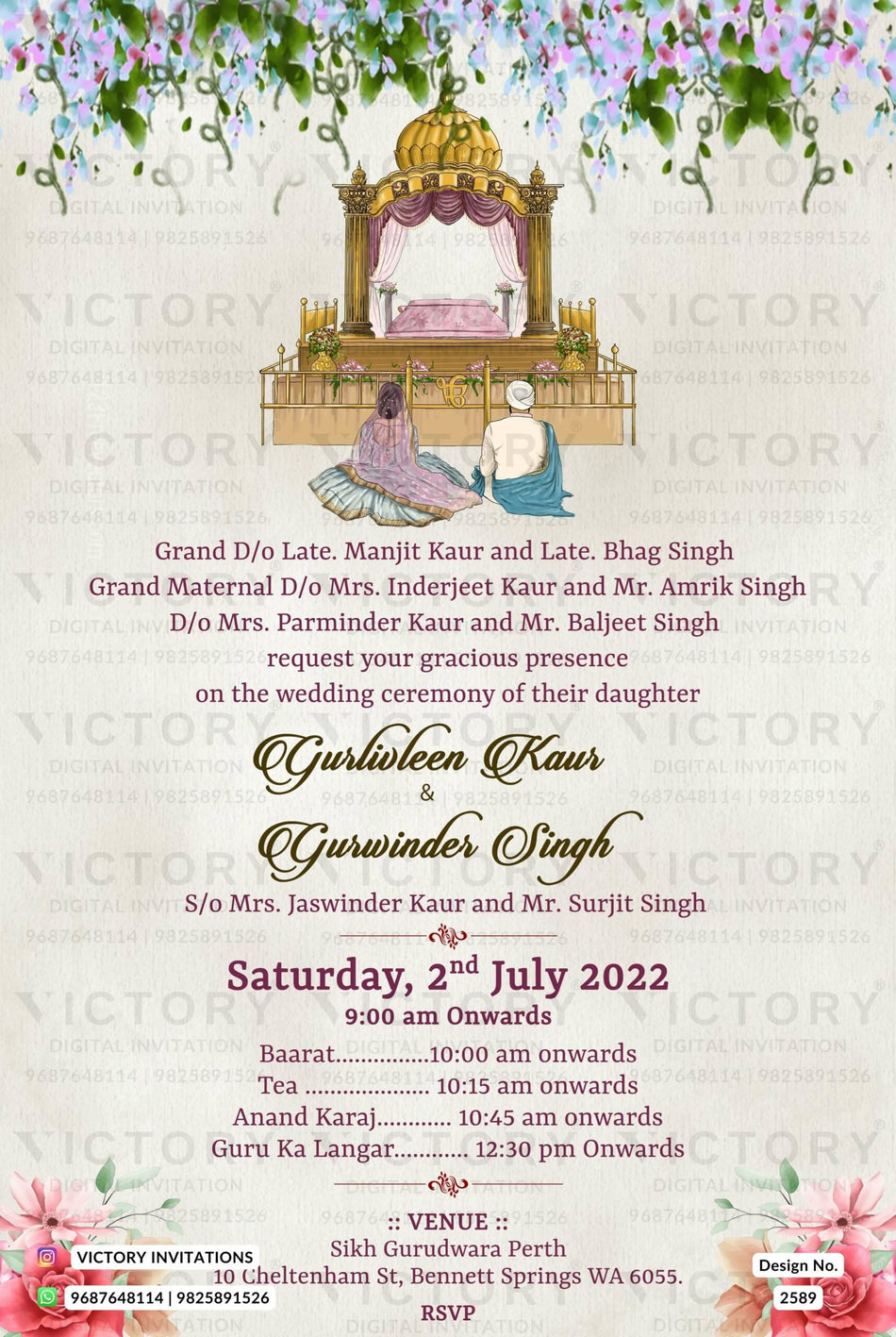 Wedding ceremony invitation card of hindu punjabi sikh family in English language with minimalistic theme design 2589