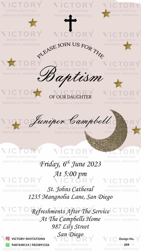 Baptism ceremony invitation card in english language with moon, star as minimalistic theme design 259