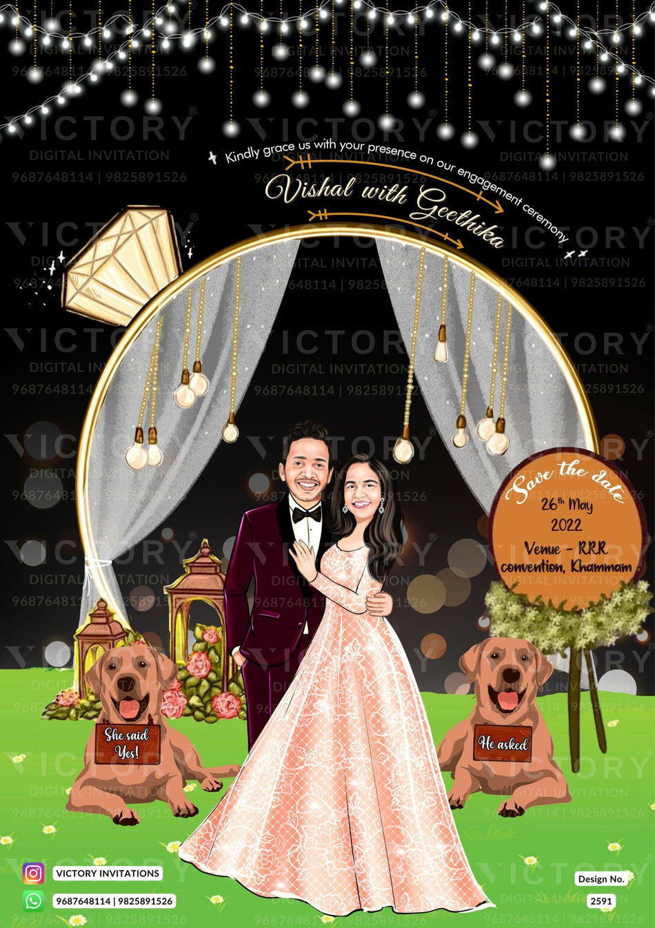 Charming couple caricature invitation card for Engagement ceremony in english language with diamond ring, dog as night theme design 2591