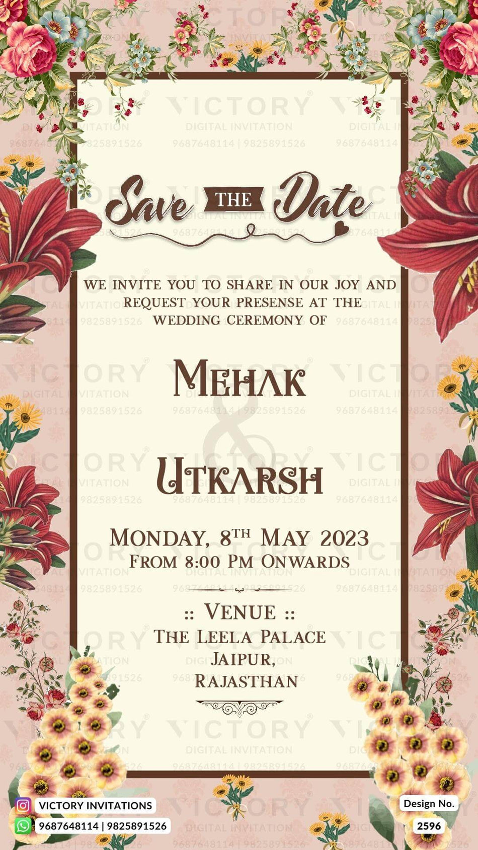 Wedding ceremony invitation card of hindu rajasthani rajput family in english language with flowers as floral theme design 2596