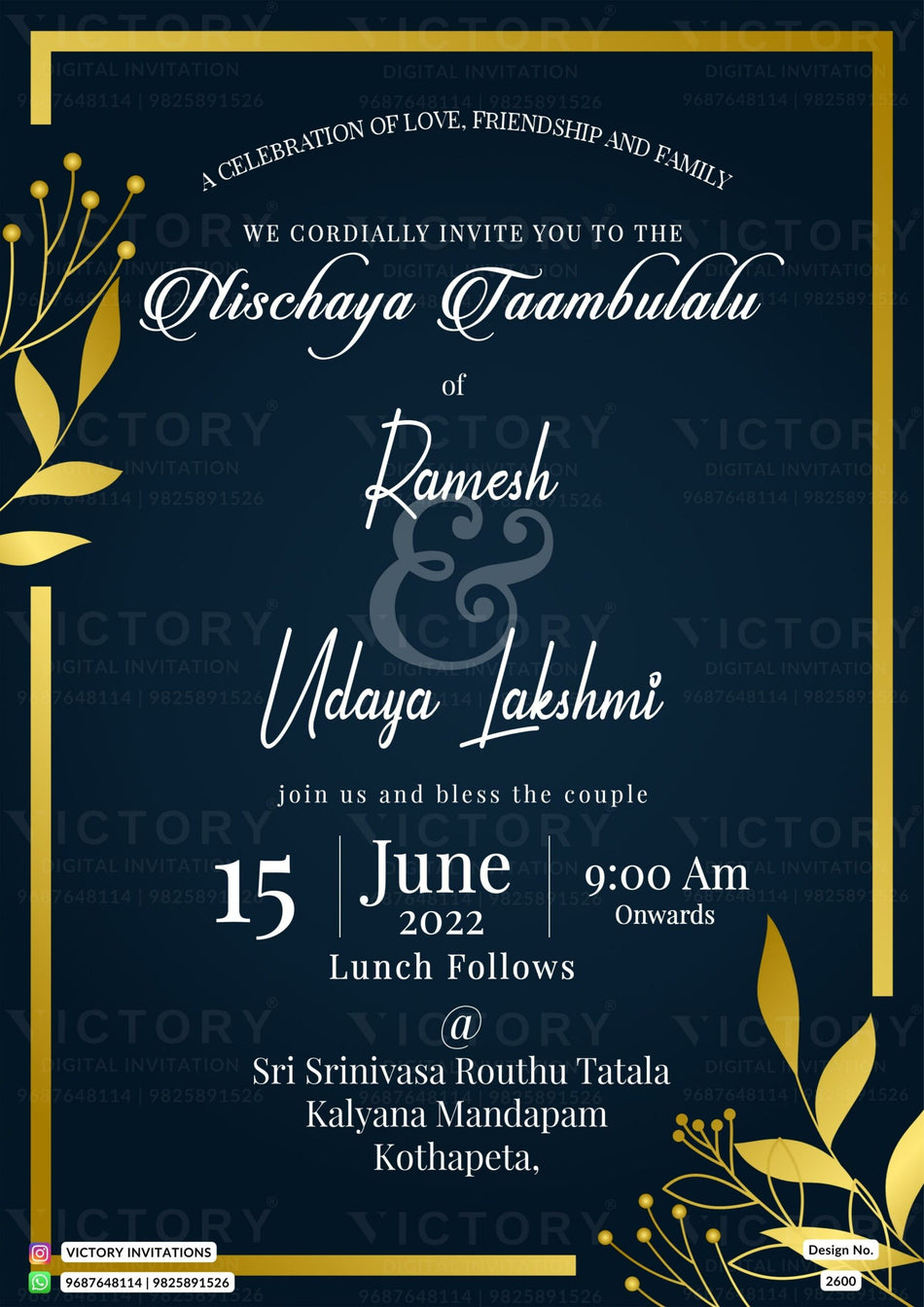 Nichayathartham Engagement invitation card in English language with frame as minimalistic theme design 2600