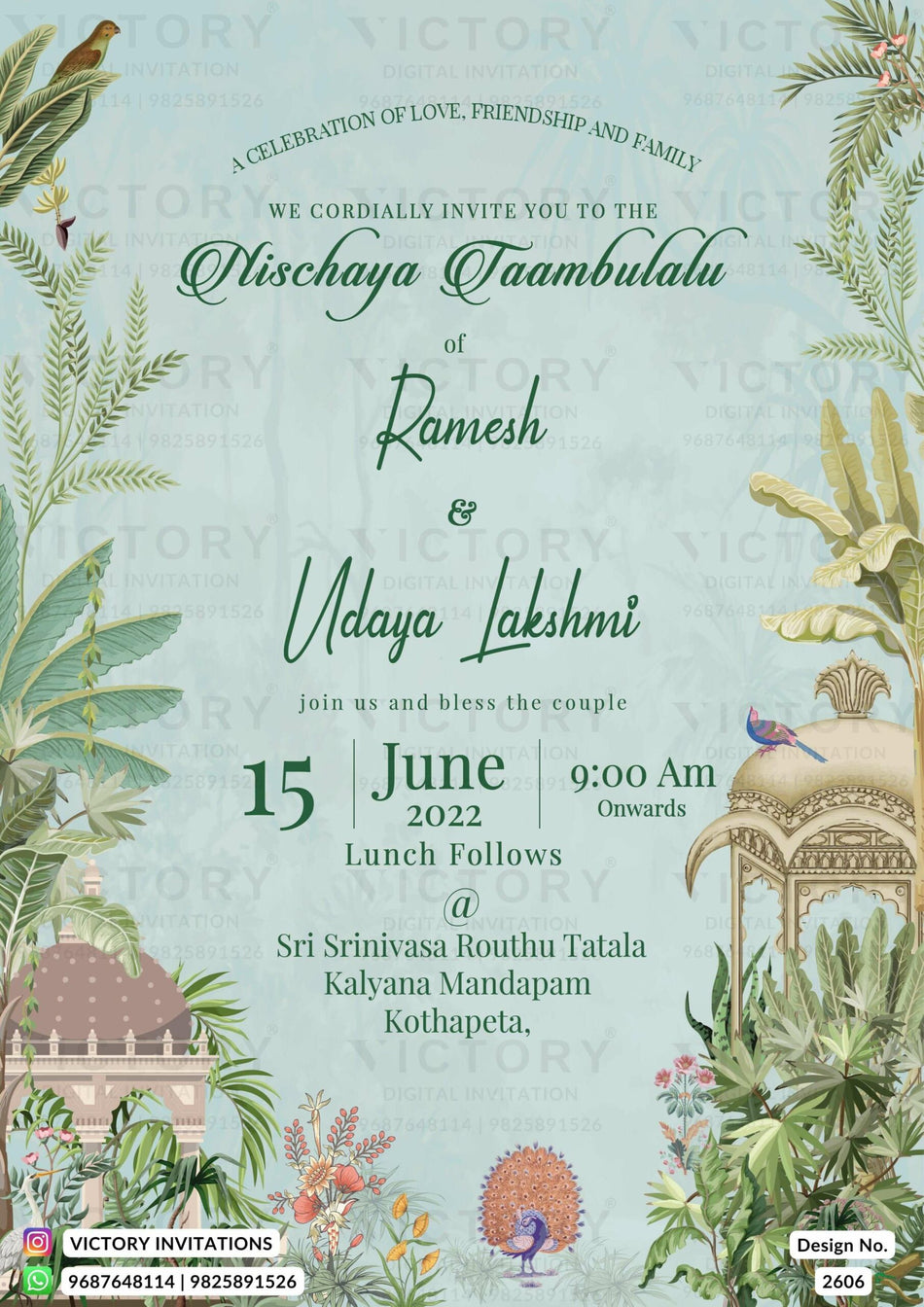 Nichayathartham Engagement invitation card in English language with leaves, peacock as artistic leaves theme design 2606