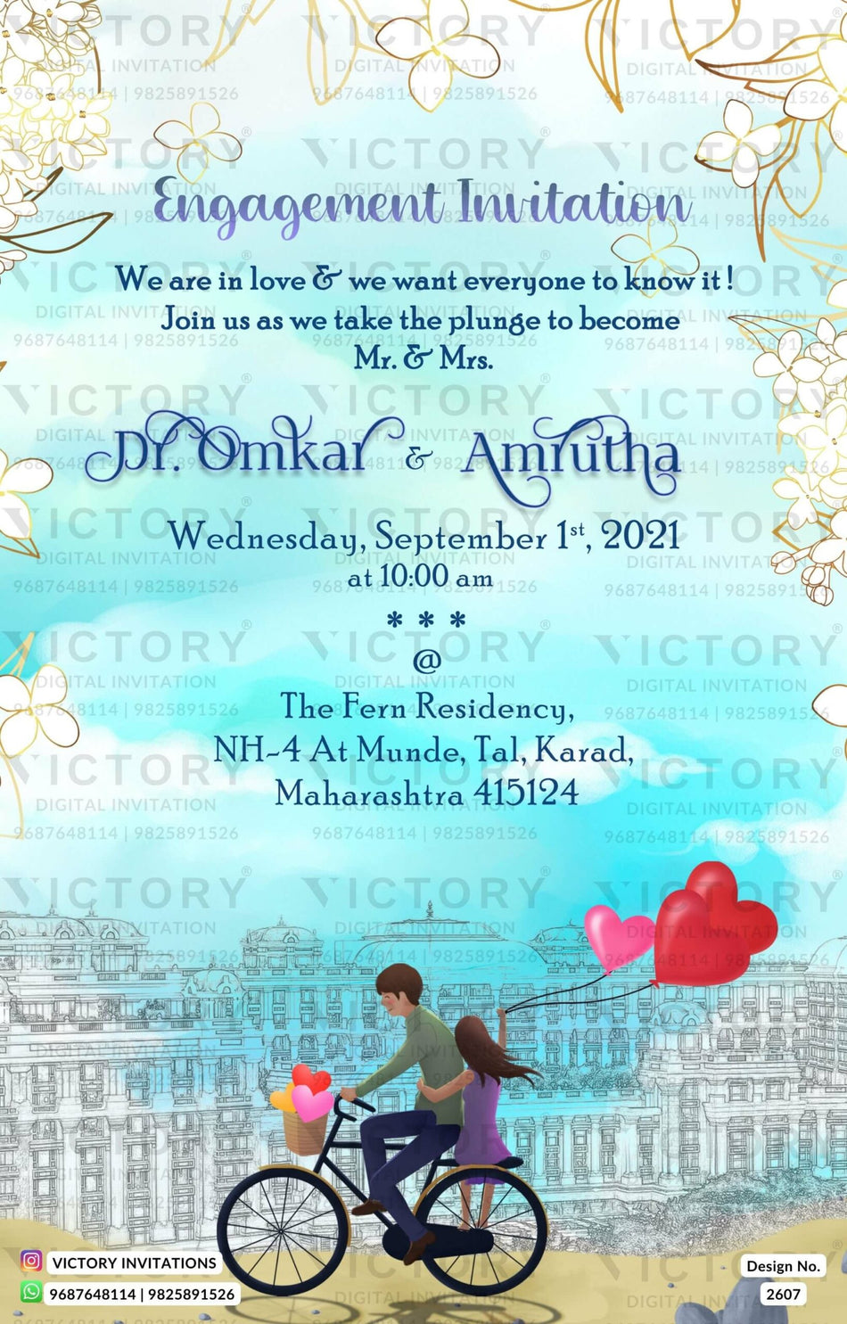 Engagement ceremony invitation card in english language with flowers as city view theme design 2607