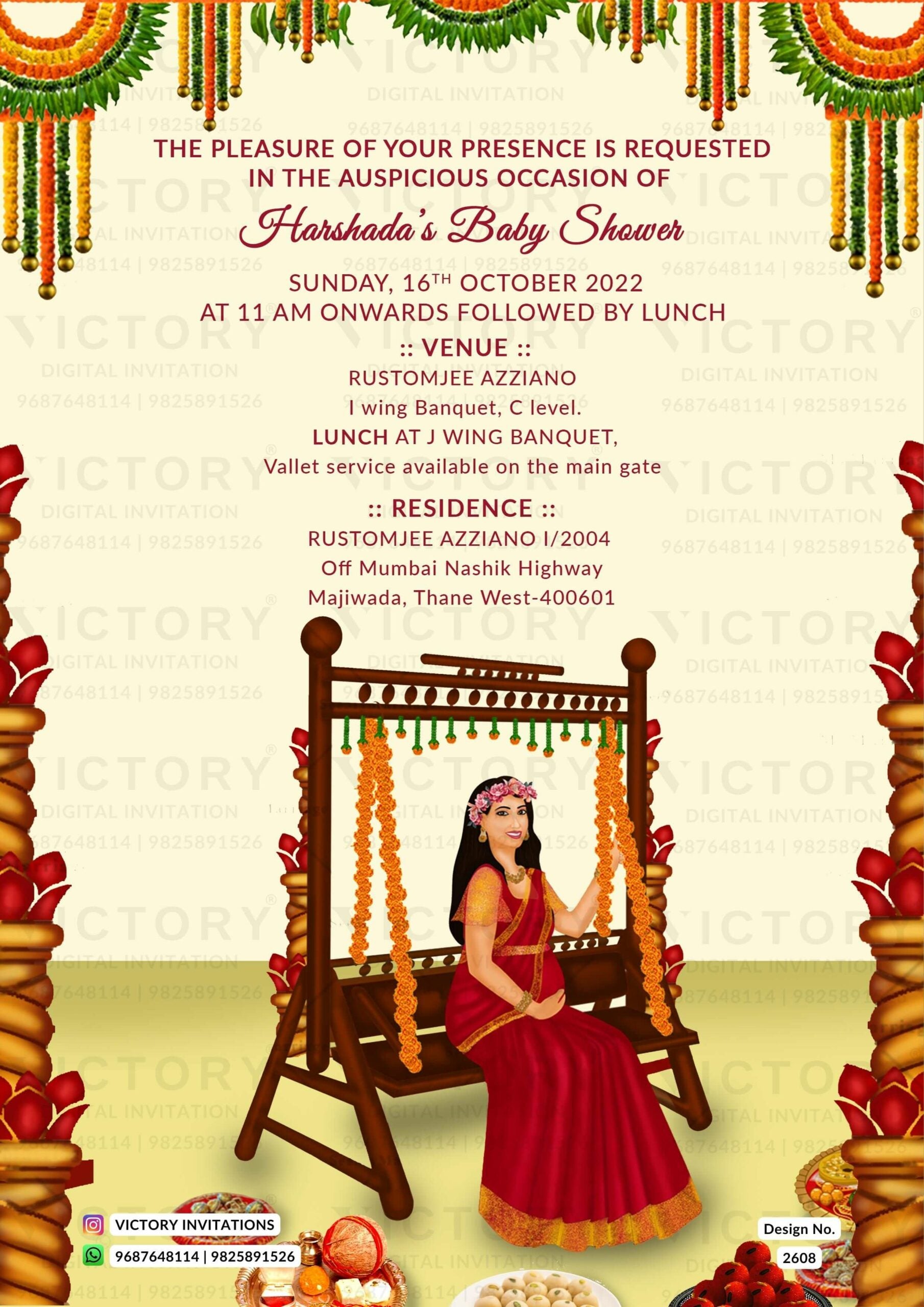 Baby Shower ceremony invitation card in english language with garland, doodle as floral theme design 2608