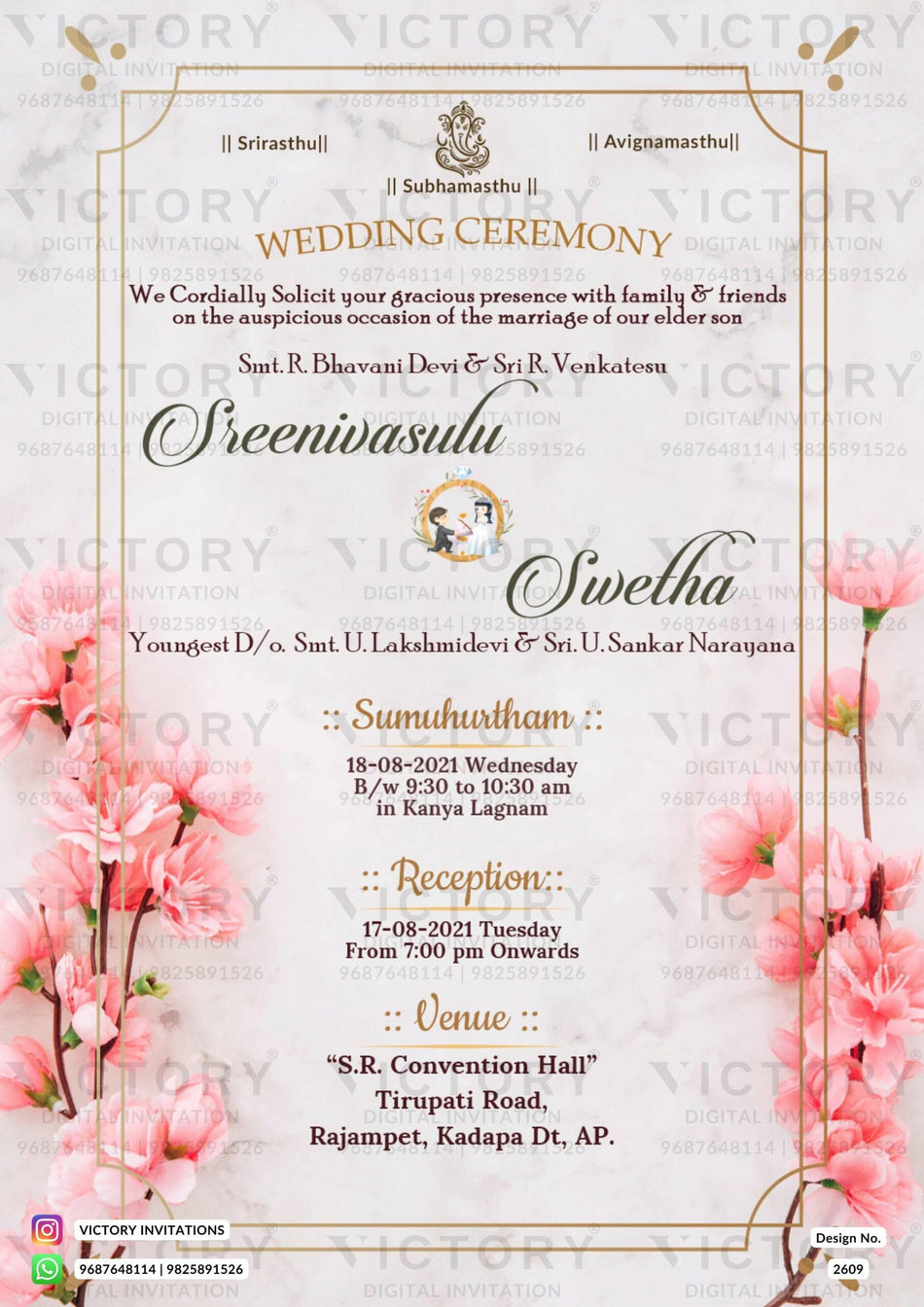 Wedding ceremony invitation card of hindu south indian telugu family in english language with floral theme design 2609