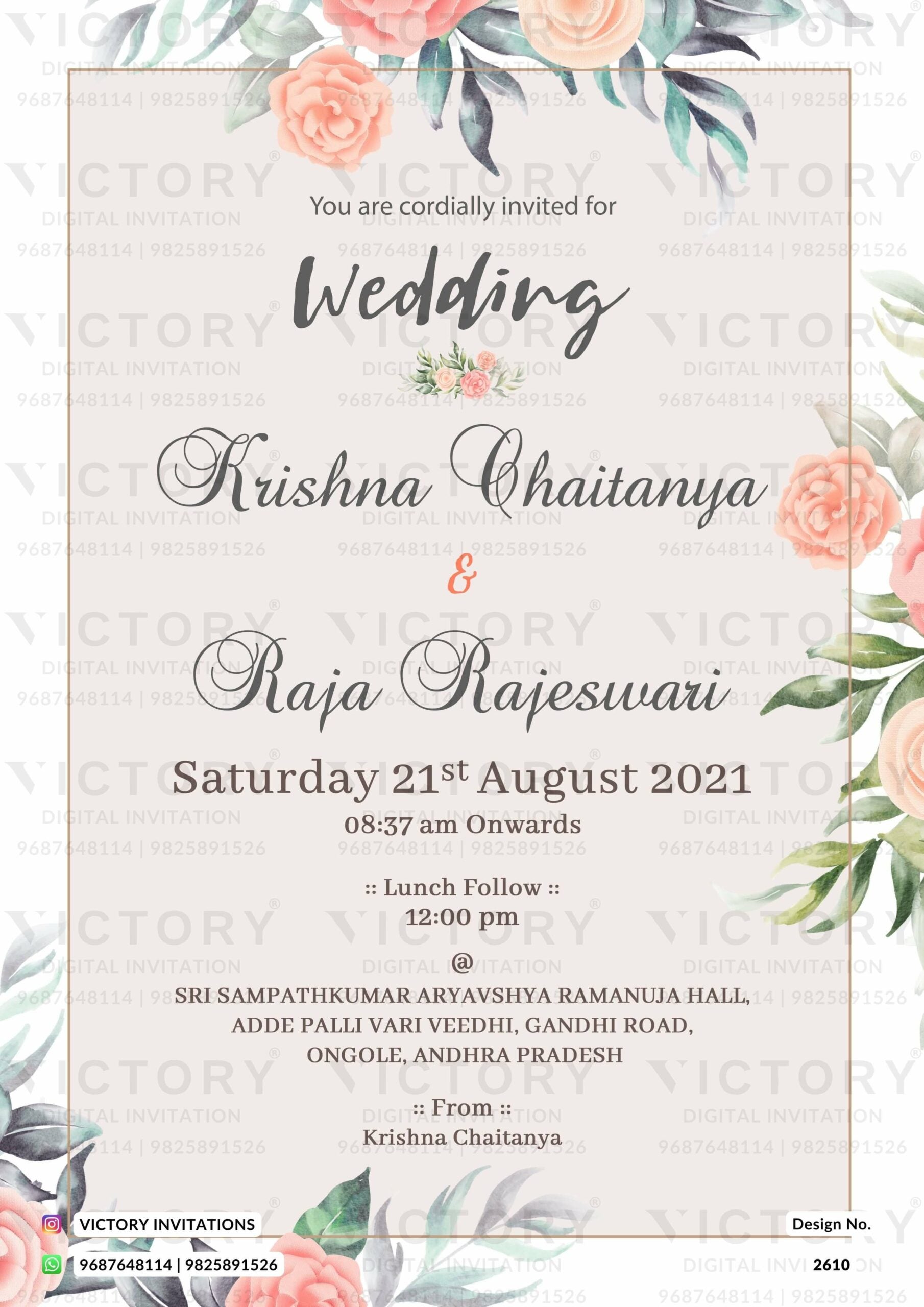 Wedding ceremony invitation card of hindu south indian telugu family in english language with artistic floral theme design 2610