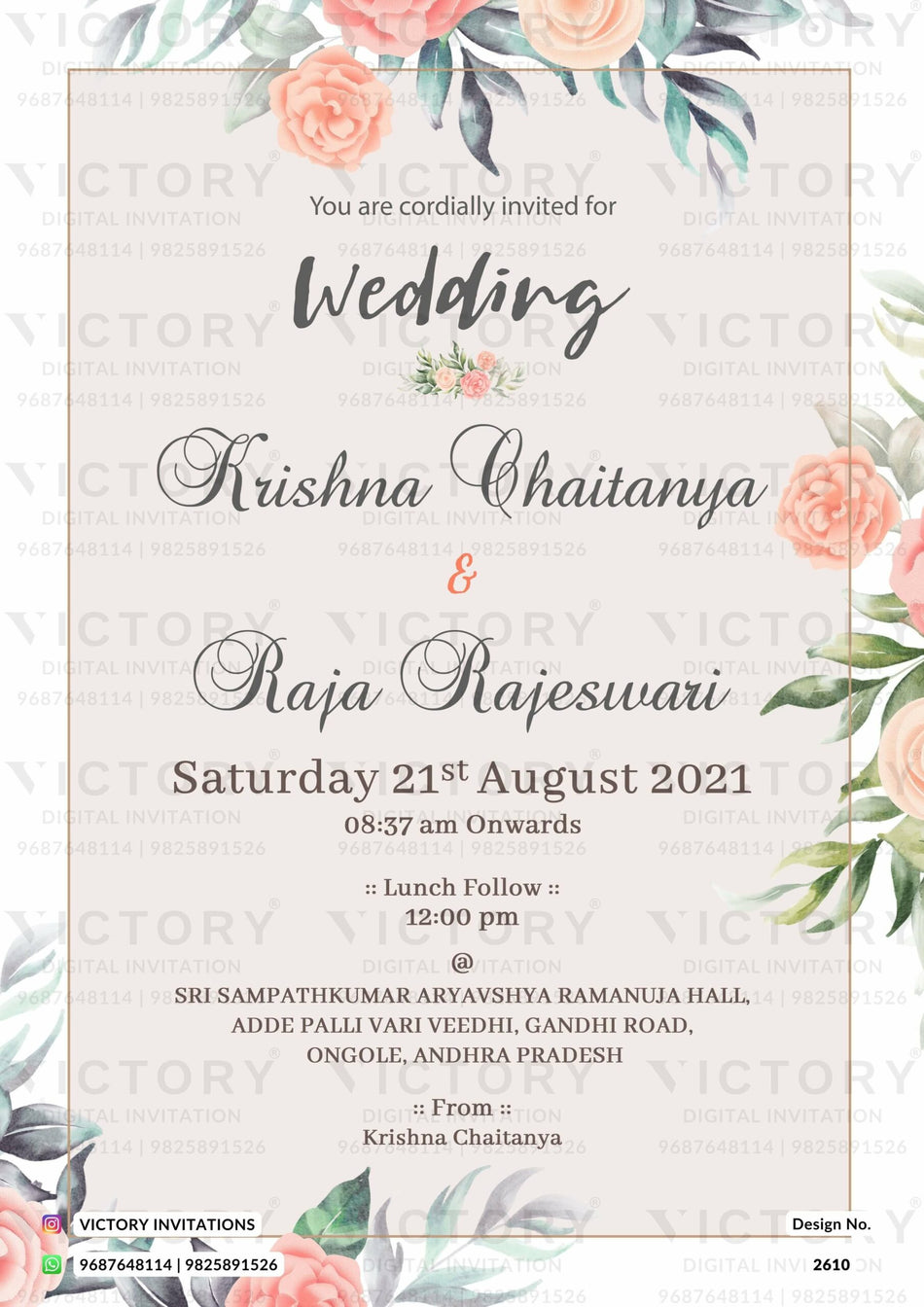 Wedding ceremony invitation card of hindu south indian telugu family in english language with artistic floral theme design 2610