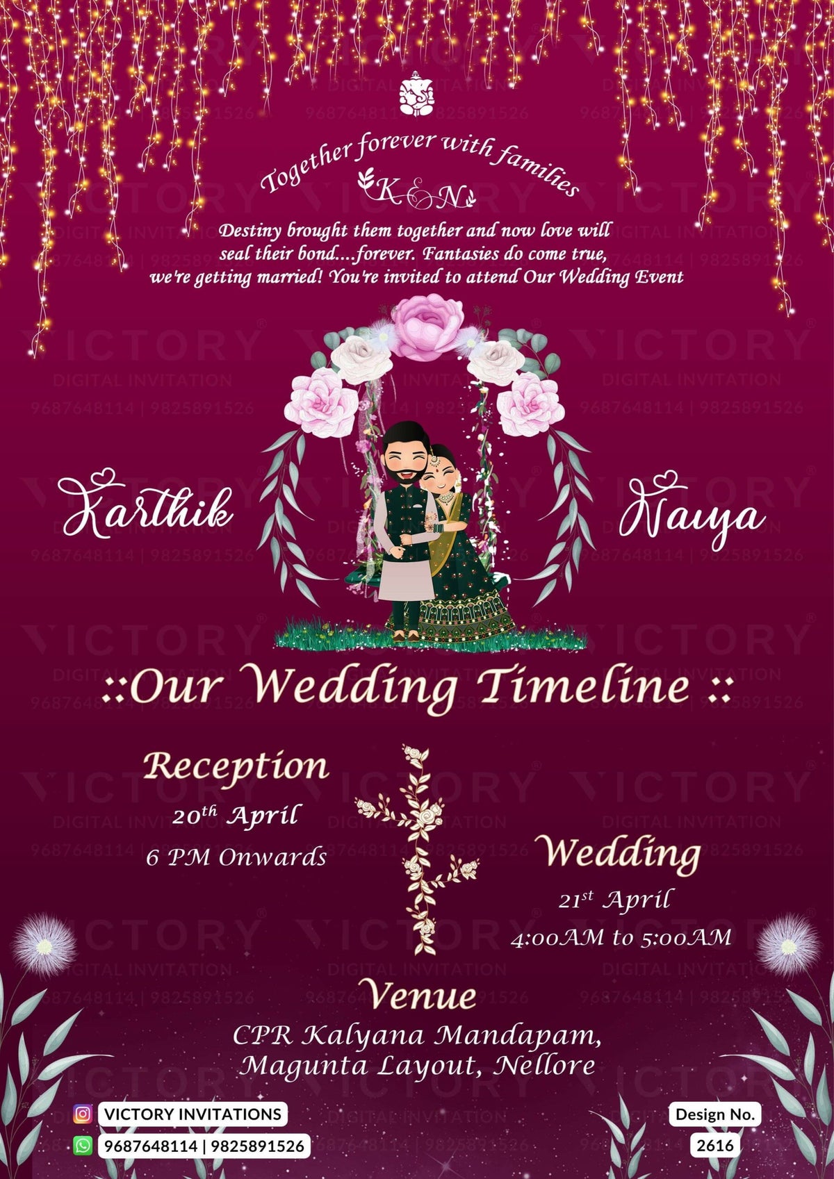 Wedding ceremony invitation card of hindu south indian telugu family in english language with shining theme design 2616